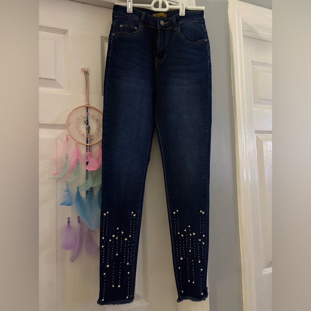 Slim Skinny Dark Blue Jeans with Pearl & Stud Accent